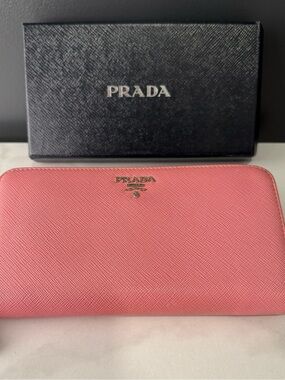 Prada Rose Pink Saffiano Zip Wallet with Gold Logo
